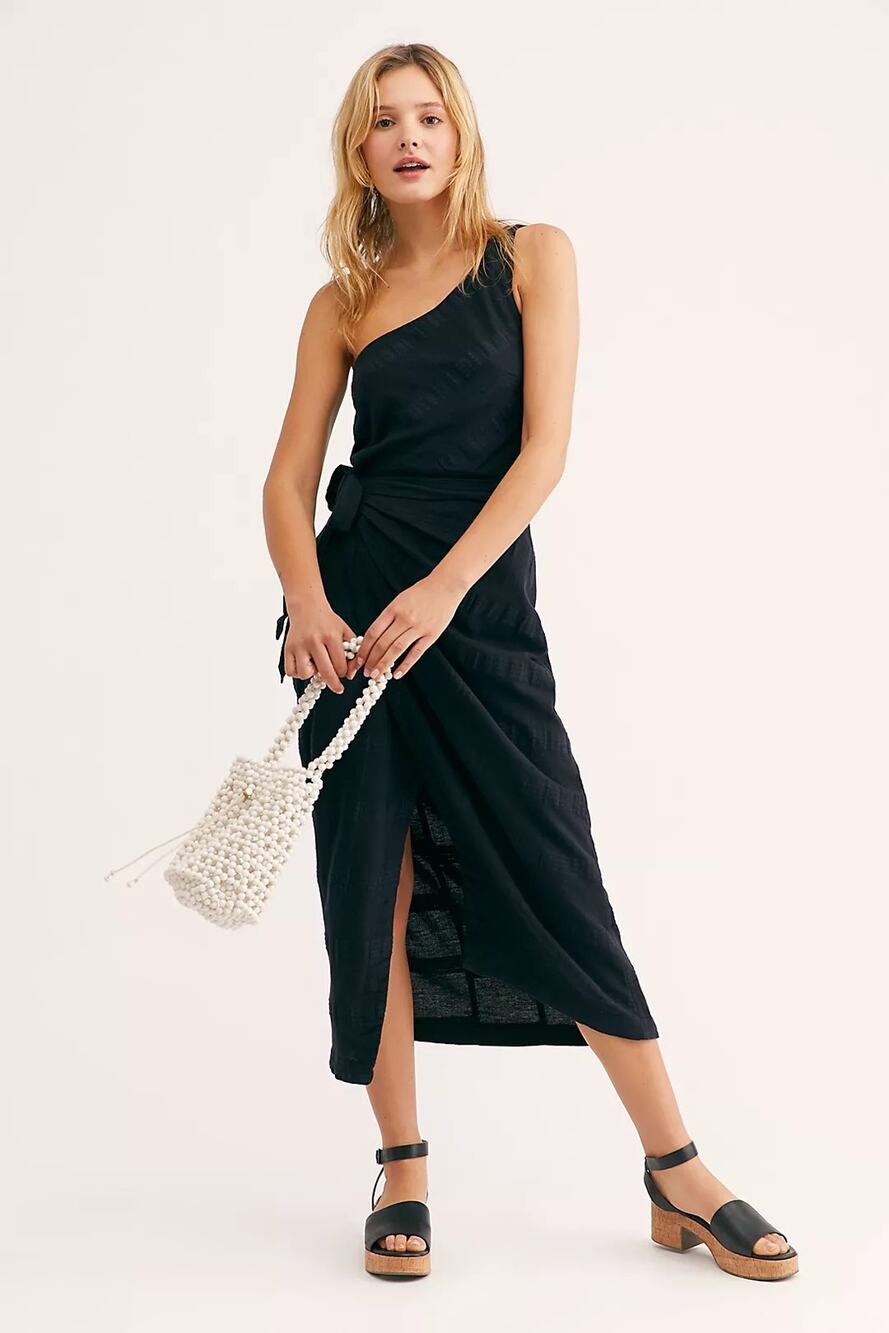 Free People At Leisure Black One Shoulder Sleeveless Wrap Midi Dress Size XS
